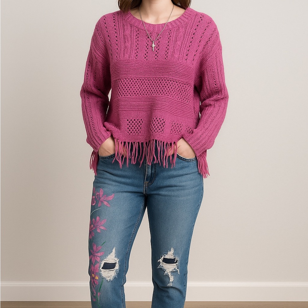 3 Piece Outfit Bundle - Floral Express jeans, pink fringe sweater, bow necklace